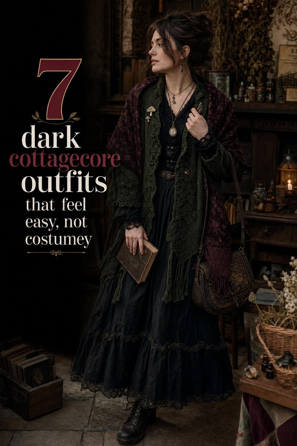 Editorial photo of dark cottagecore outfits with layered moss green and burgundy styling in a moody cottage interior