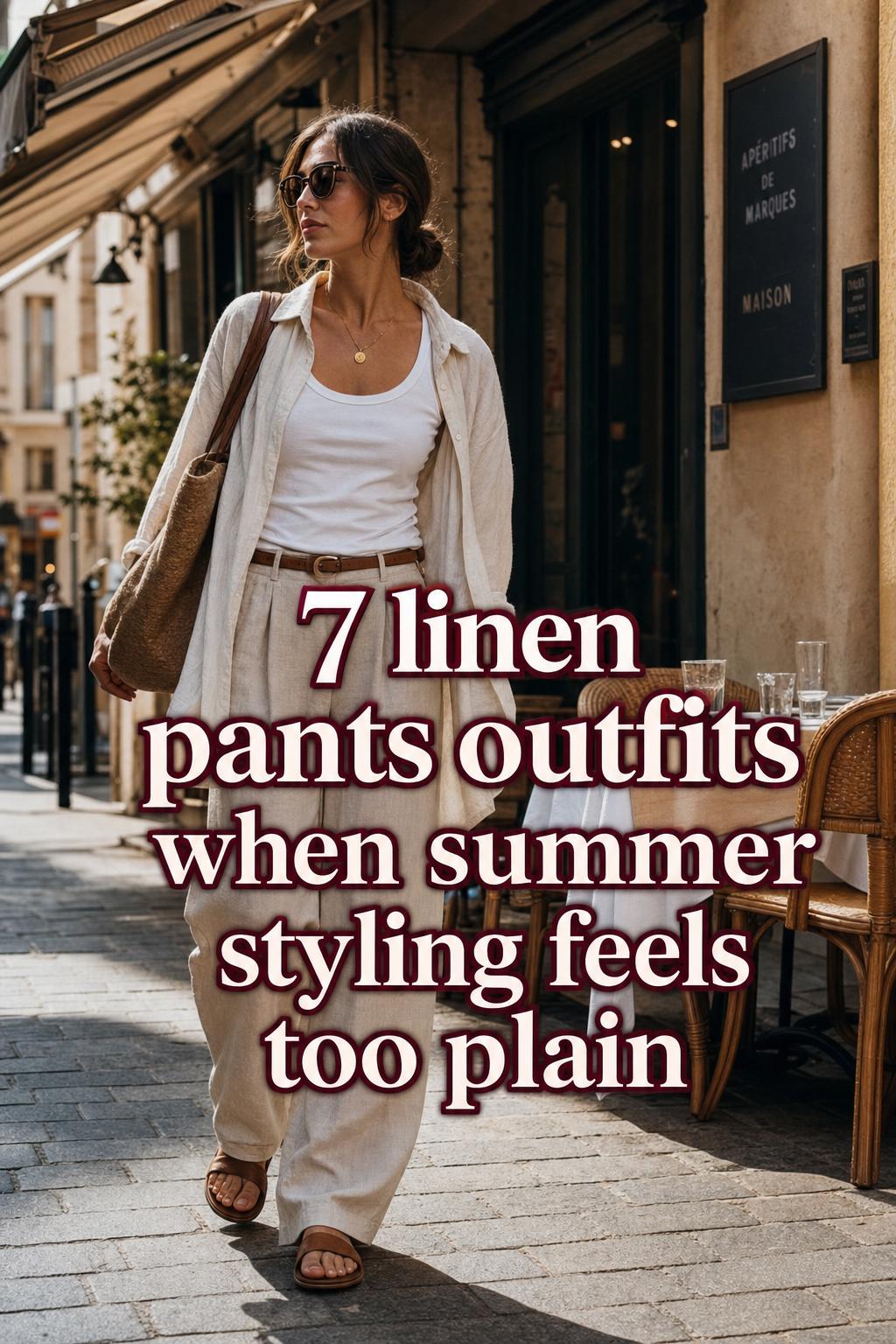 Woman walking past a cafe in wide-leg linen trousers and tank top with text overlay, linen pants outfits inspiration