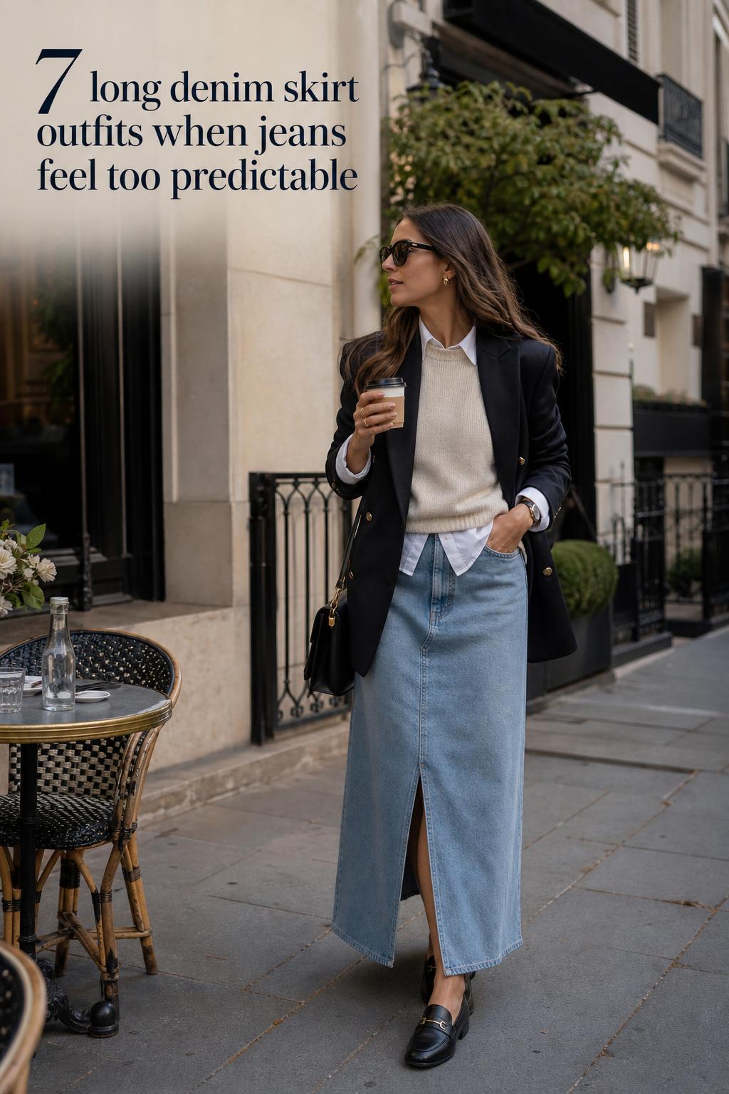 Woman in city street style wearing long denim skirt outfits with blazer, loafers, and structured handbag in soft daylight