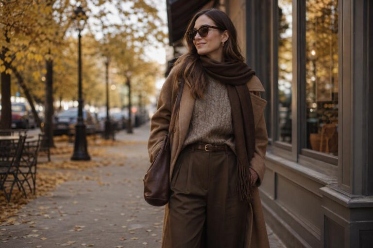 Autumn outfits aesthetic with camel trench, cream knit sweater, and leather ankle boots in soft fall light