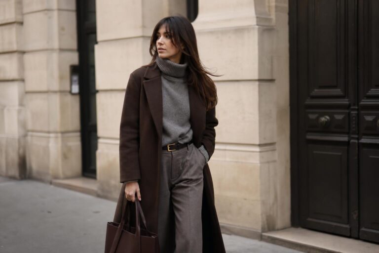 Autumn winter outfits for city days with tailored coat, knit sweater, straight trousers and boots in neutral tones