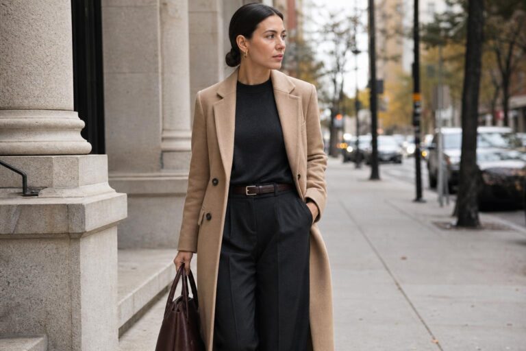 Autumn work outfits with camel blazer, knit top, tailored trousers, and ankle boots in a modern office setting