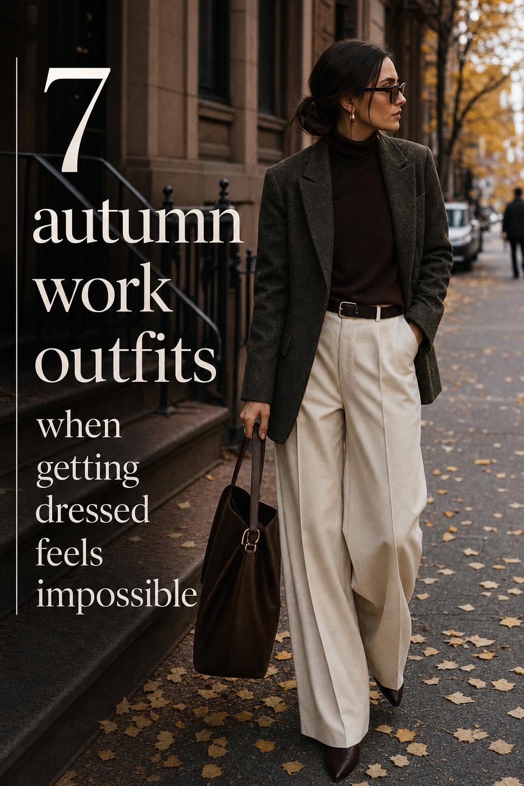 Autumn work outfits editorial photo of a professional in a moody city office setting with blazer, knit, wool trousers and tote