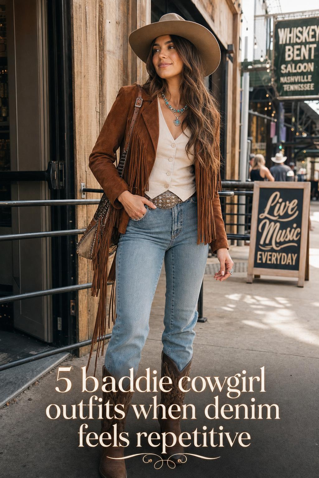 Baddie cowgirl outfits street style with denim and turquoise jewelry on an Austin street at golden hour