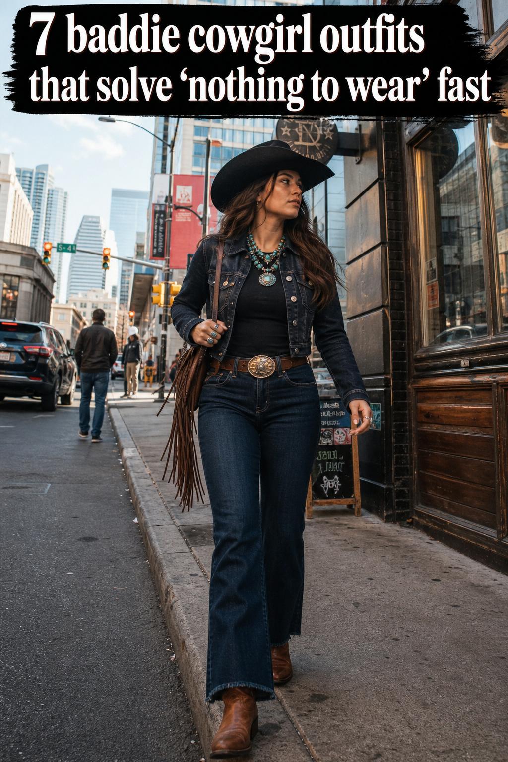 Baddie cowgirl outfits styled with a black hat, denim shorts, and western boots in a sunlit outdoor setting.
