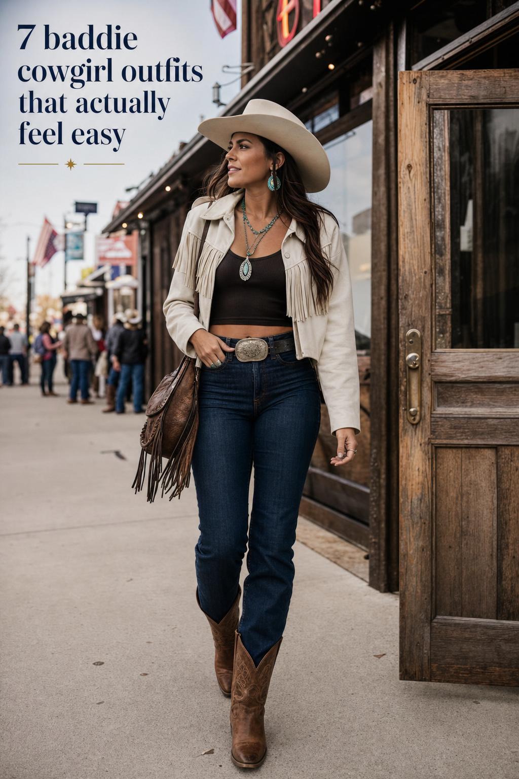 Baddie cowgirl outfits street style on a sunlit Nashville street with dark denim, cowboy boots, bold belt buckle and turquoise jewelry.