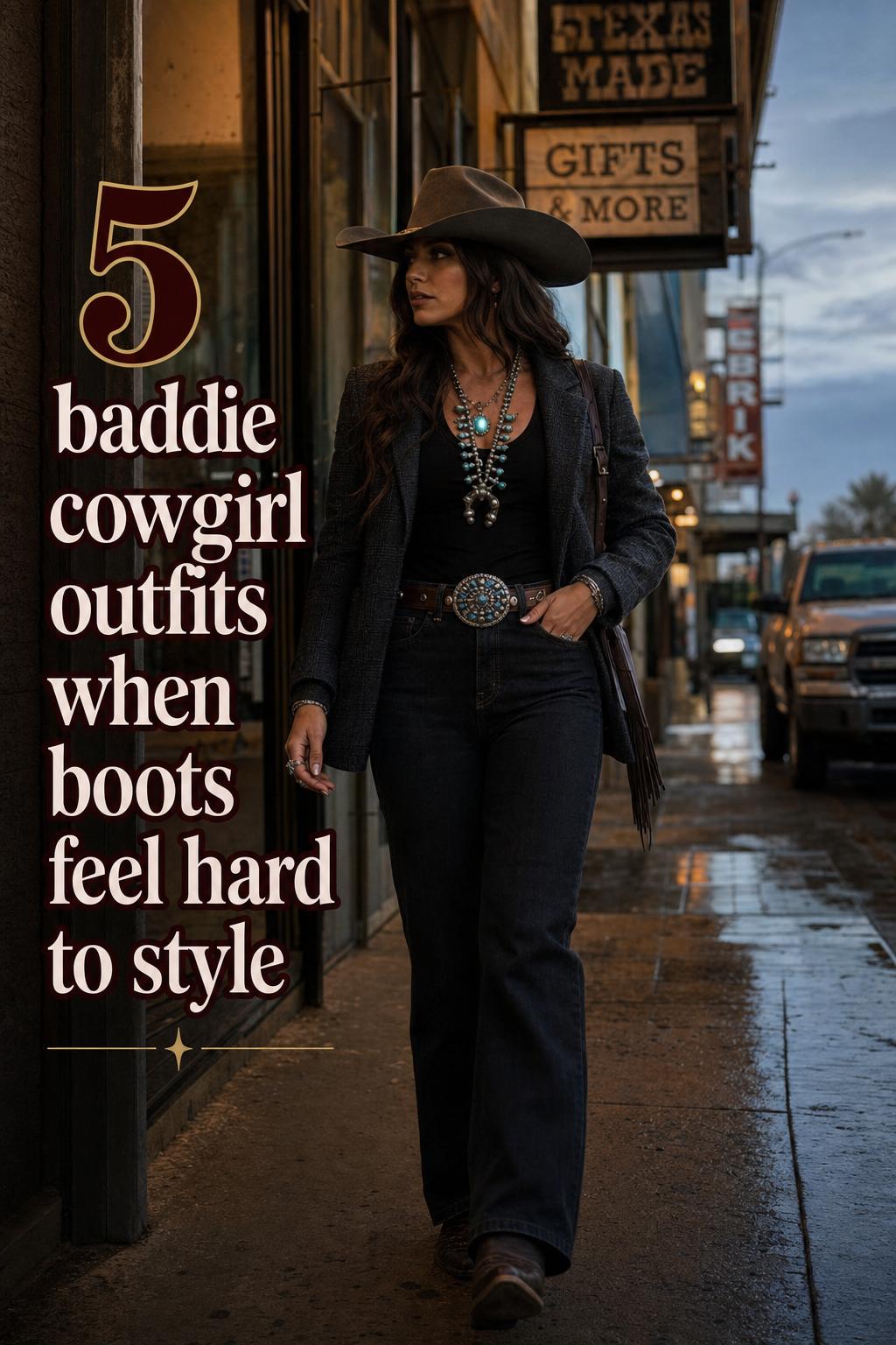 Baddie cowgirl outfits street style after rain in Texas-inspired city at dusk, dark denim, boots, turquoise jewelry and text overlay