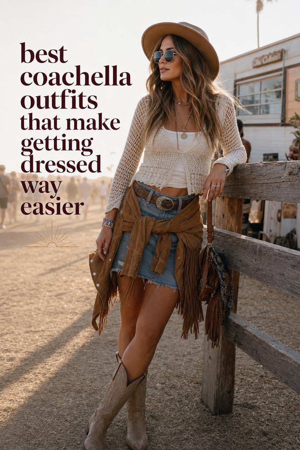 best coachella outfits on a stylish woman walking through a golden-hour desert festival in Indio with western-boho layers