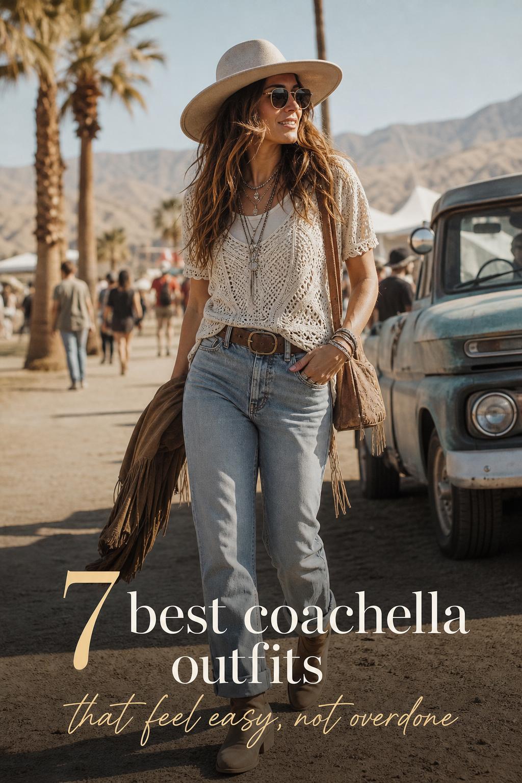 Best coachella outfits idea: stylish woman in western-boho layers walking through a sunlit desert festival in Indio