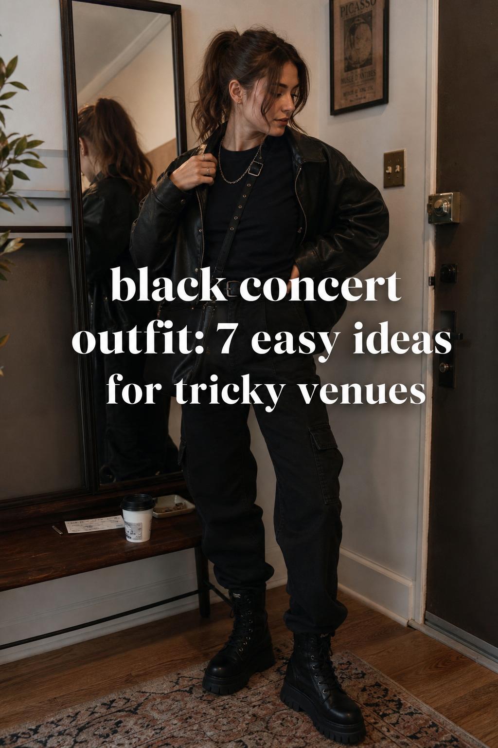 Adult woman in a lived-in entryway mirror wearing a black concert outfit, layering jacket and boots before a show