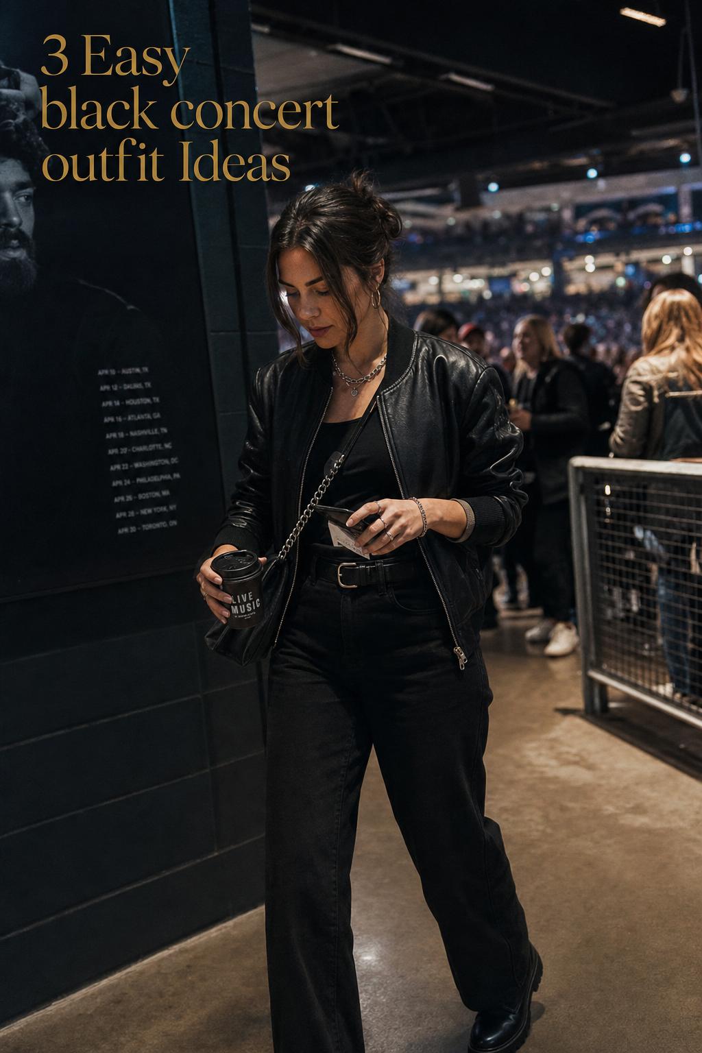 Black concert outfit idea on a woman in an arena concourse, wearing black jeans, jacket, boots and a crossbody bag.