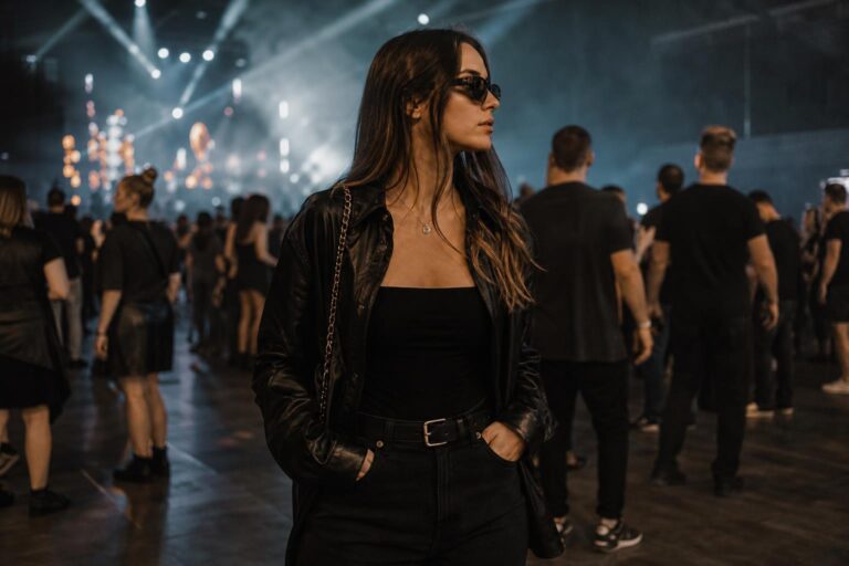 Black concert outfit with leather jacket, black jeans, and ankle boots styled for a night show in a modern venue