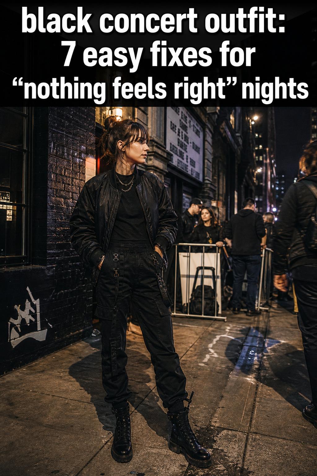 Black concert outfit styled with leather jacket, fitted top, and boots under stage lights at a live music venue