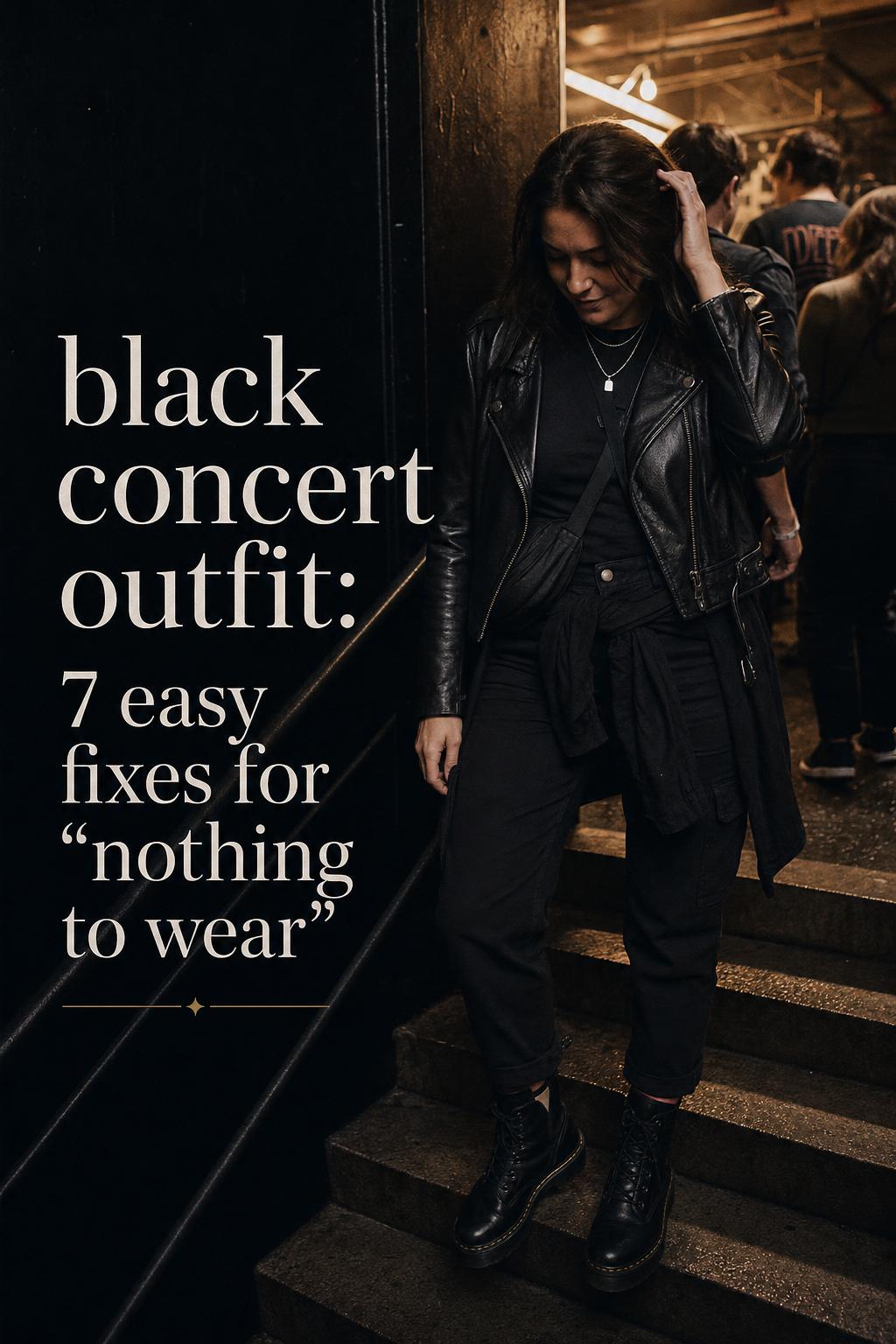 Black concert outfit on an adult in a dim venue corridor, styled in all-black layers with boots and crossbody bag.