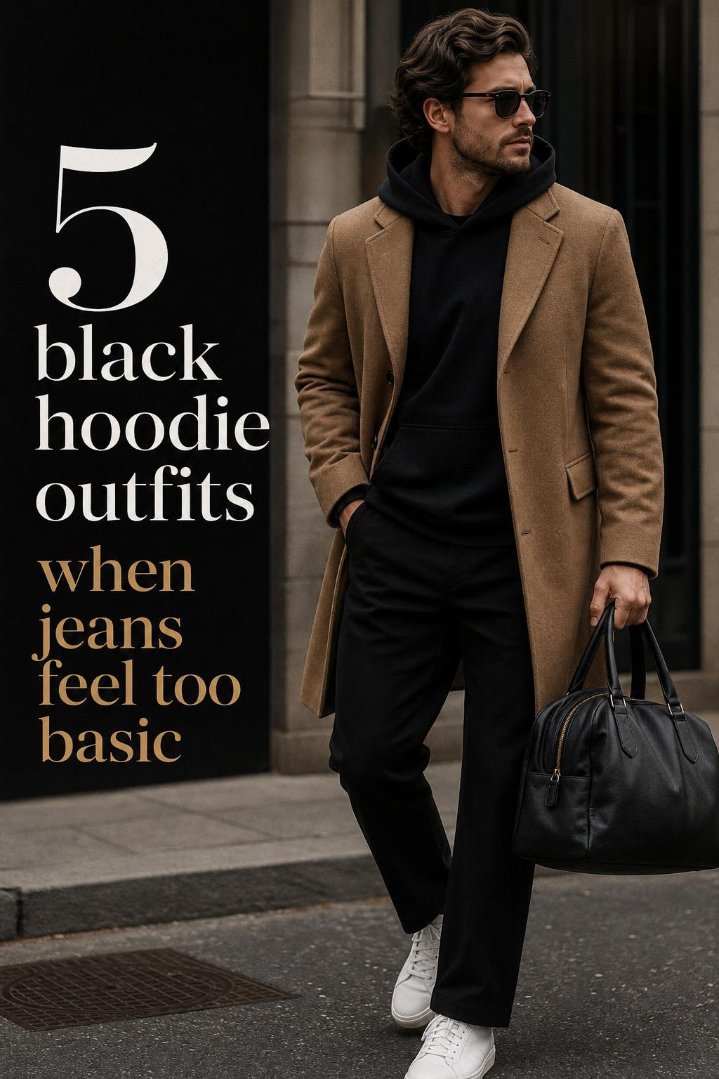 Black hoodie outfits editorial photo with camel coat and tailored trousers on a moody city street, bold text overlay
