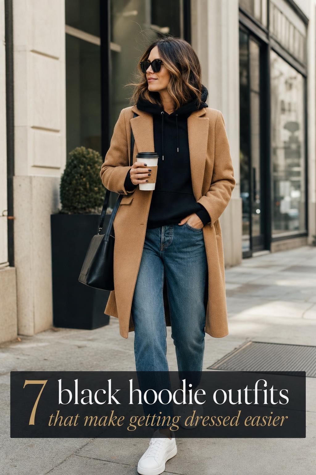 Black hoodie outfits street style with camel coat, straight jeans and white sneakers on a bright city sidewalk