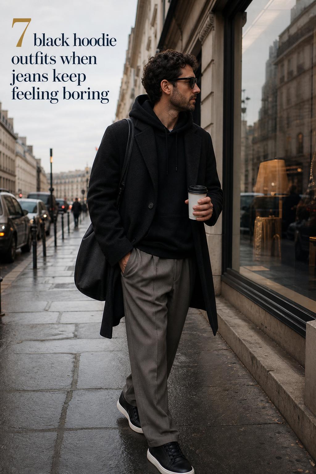 Street-style black hoodie outfits with long coat, tailored pants and sneakers during a cool-weather city commute