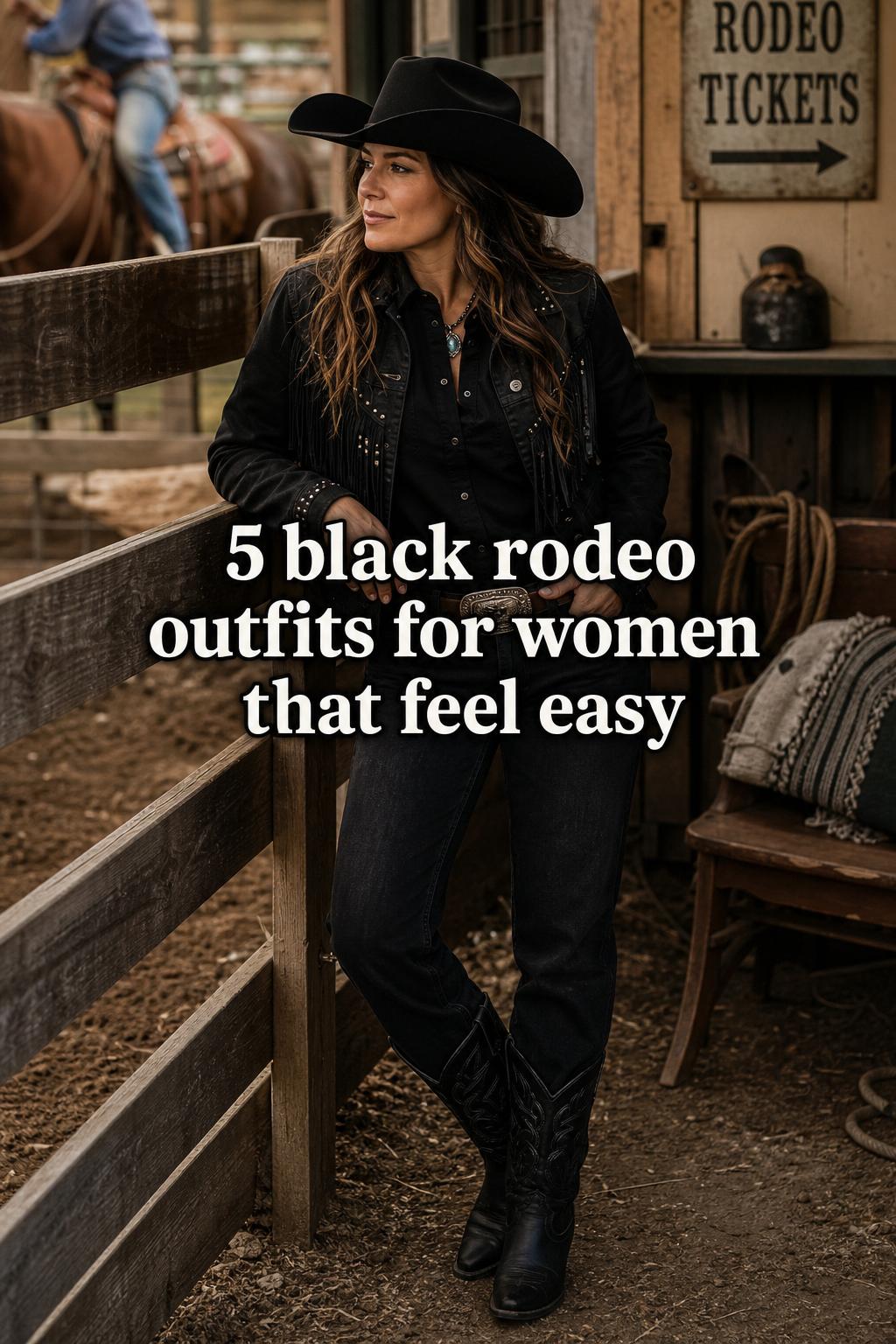 Woman in all-black Western look by a dusty arena, showcasing black rodeo outfits for women with boots and statement belt.