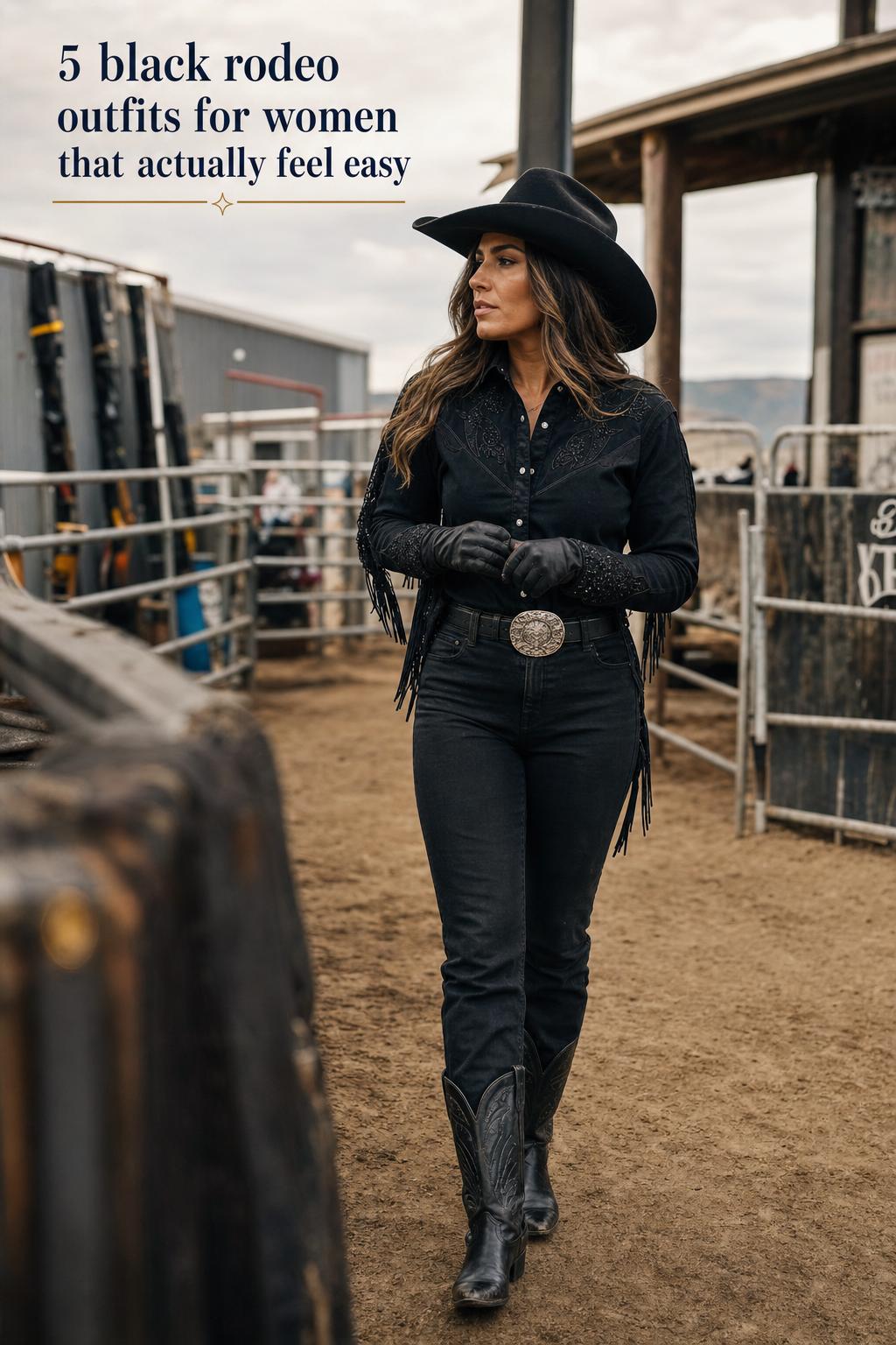 Black rodeo outfits for women in a ranch arena, woman in all-black western hat, denim jacket, jeans and boots at dusk