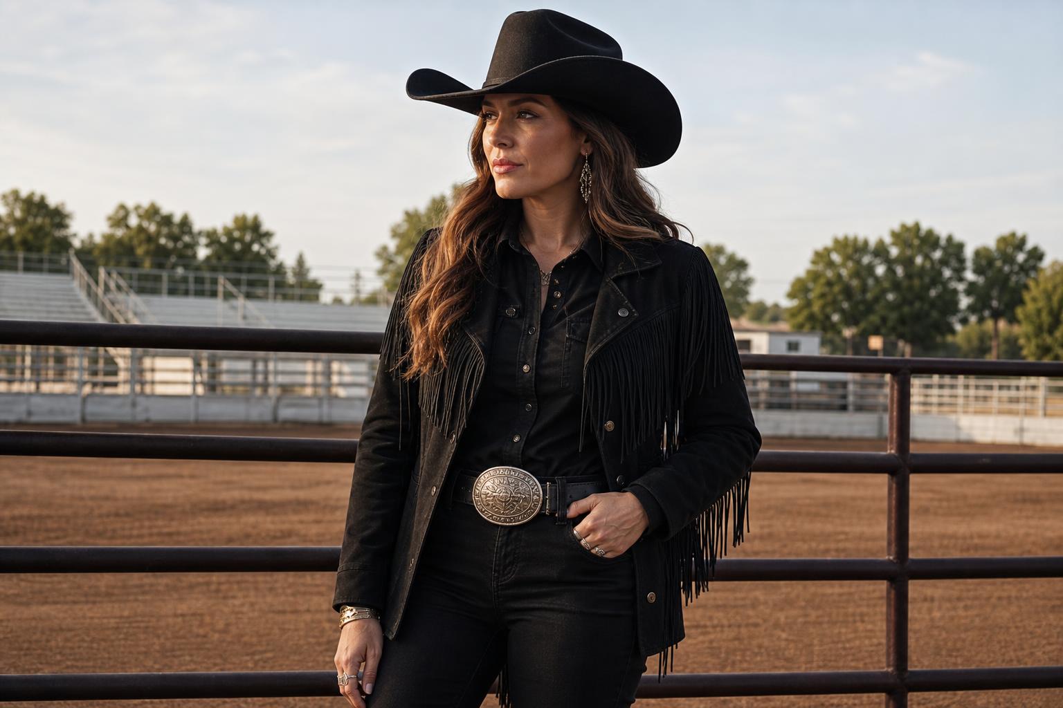 Black rodeo outfits for women with denim shirt, fringe jacket, cowboy boots, and statement belt at a rodeo arena