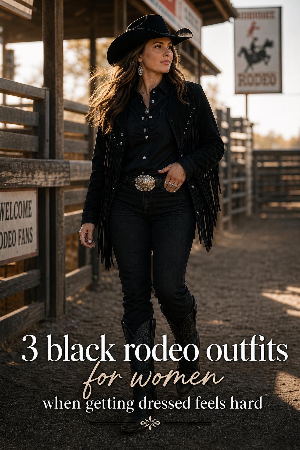 Adult woman in all-black western look near rodeo arena at golden hour, featuring black rodeo outfits for women text overlay