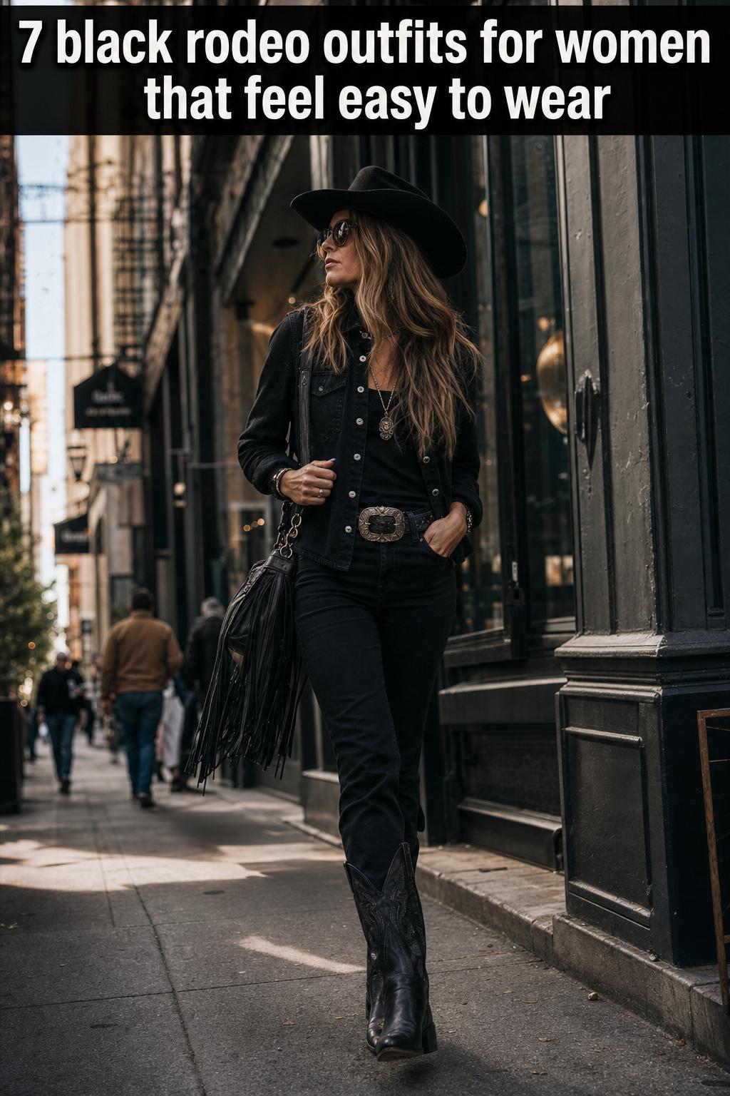 Black rodeo outfits for women featuring western hat, fringe jacket, denim, and boots in an outdoor arena