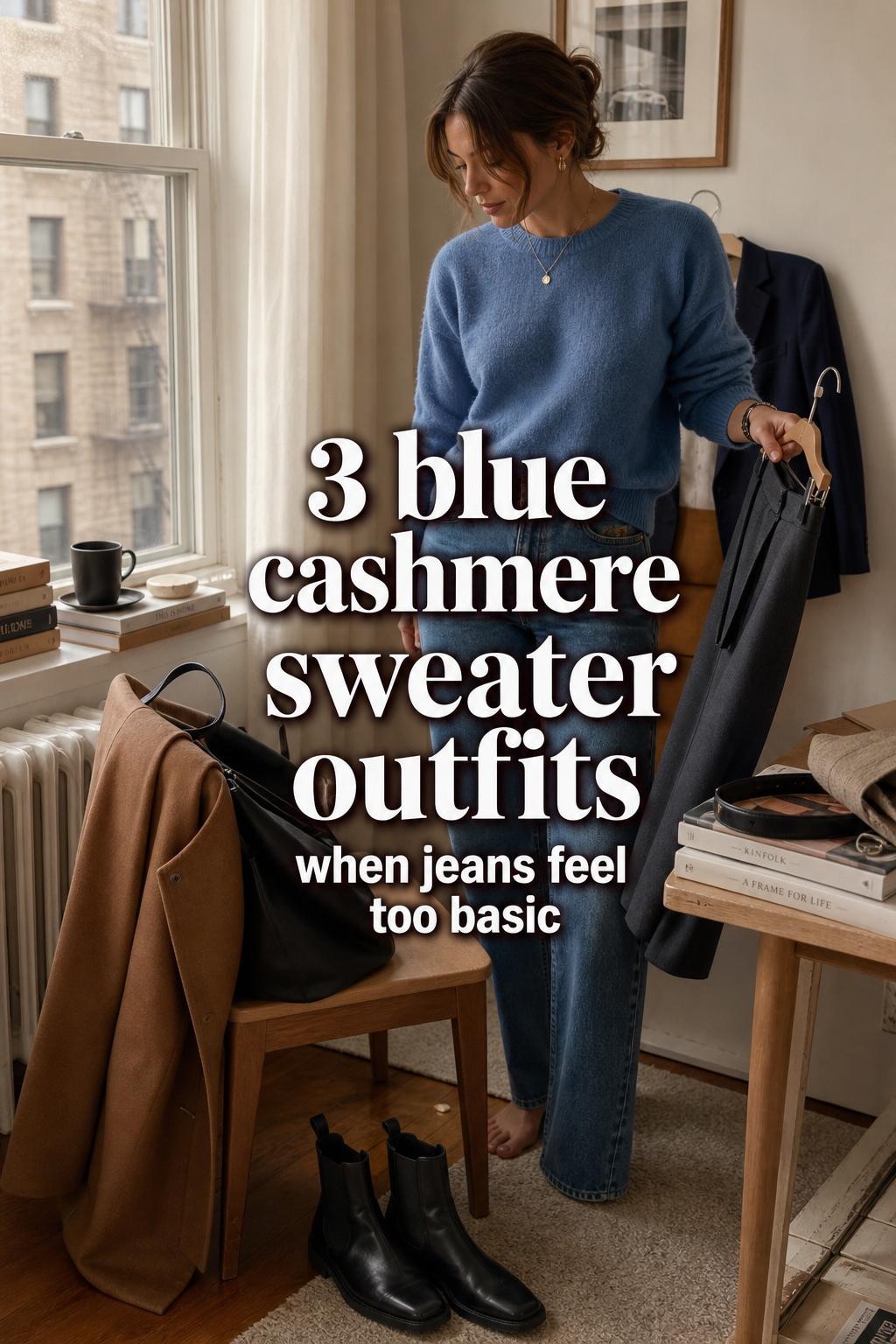 Blue cashmere sweater outfits styled by a woman in a city apartment, pairing denim, trousers, boots, and layers by the window.