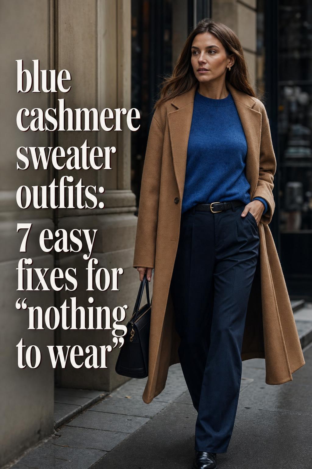 Woman in a city street wearing blue cashmere sweater outfits with boots and structured bag, editorial fall fashion moment