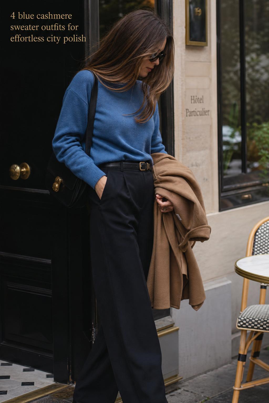 Woman styling blue cashmere sweater outfits on a city street, holding coffee with camel coat and black boots in soft daylight