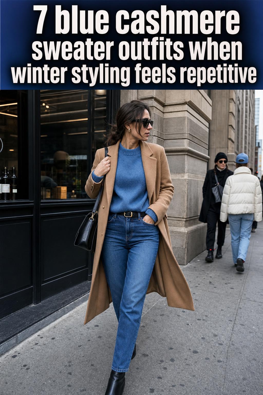 Blue cashmere sweater outfits styled with tailored trousers and leather boots in a minimalist street-style photo
