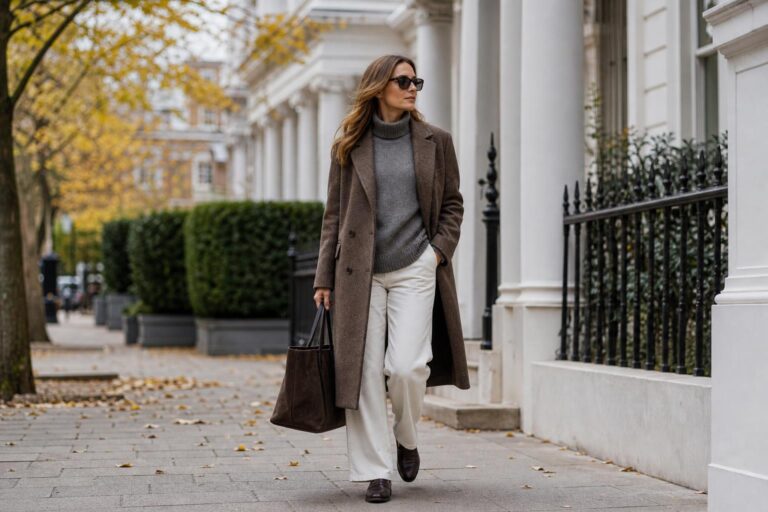 Casual autumn outfits with jeans, knit sweater and structured jacket for an easy everyday fall look