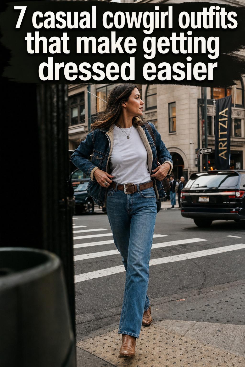 Casual cowgirl outfits with denim jeans, plaid shirt, and cowboy boots in a rustic outdoor setting