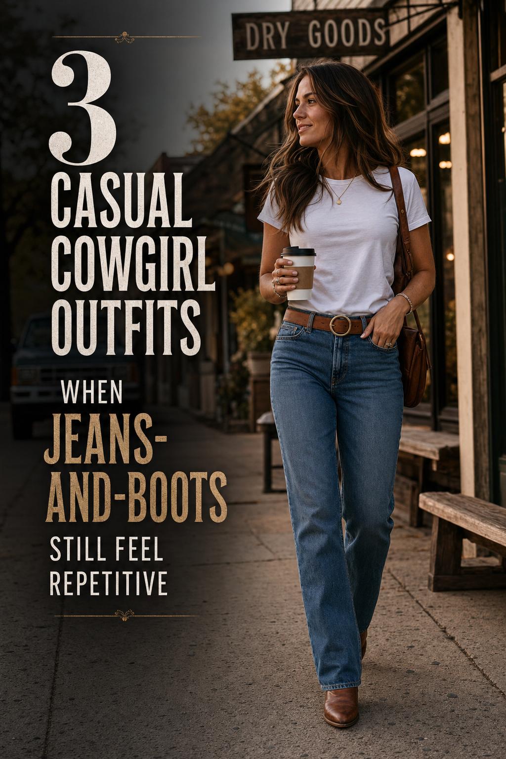 Casual cowgirl outfits with jeans, leather cowboy boots, and a crisp tee on a small-town street at golden hour.