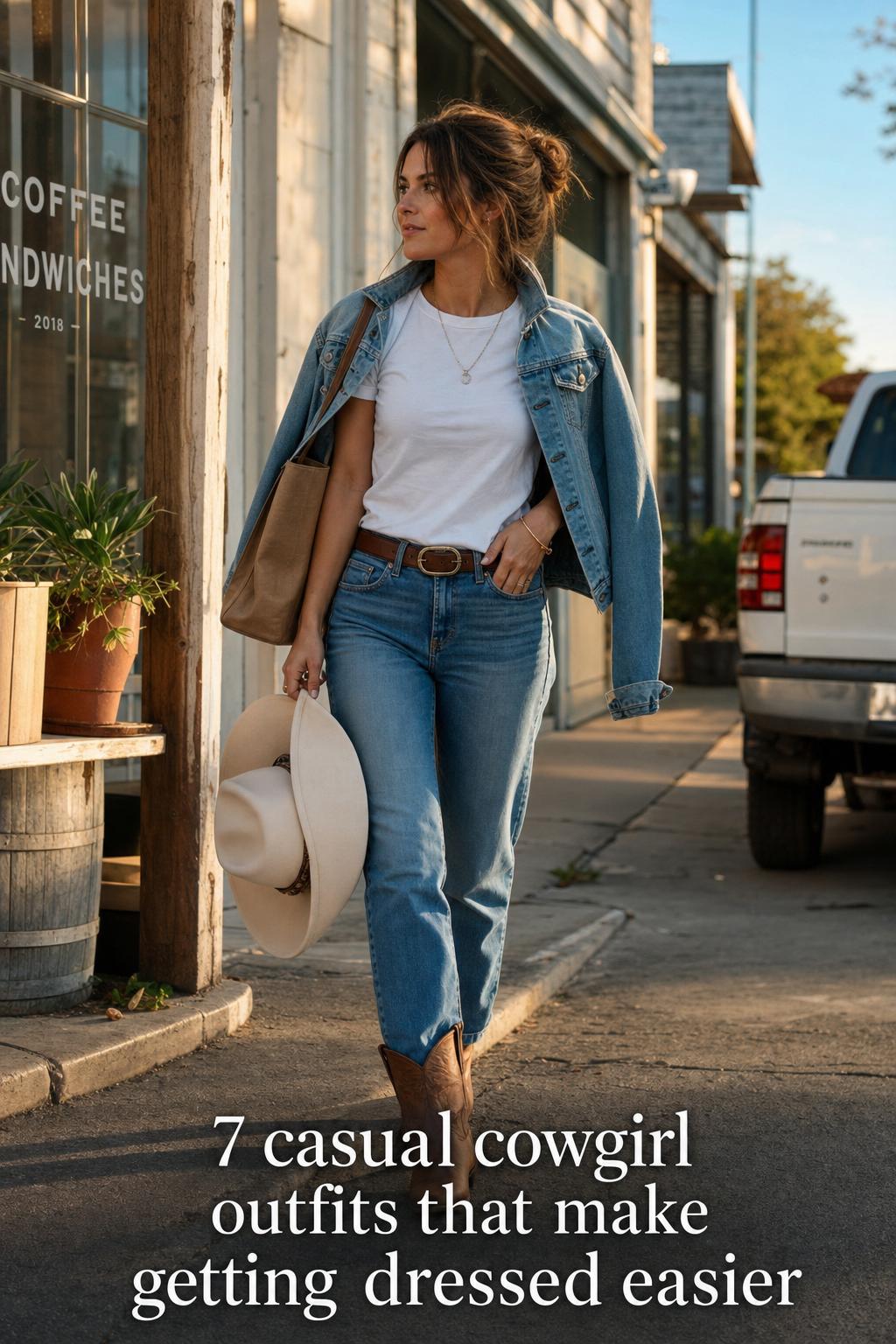 Woman in casual cowgirl outfits walking on a sunny small-town street in jeans, cowboy boots, white tee and denim jacket