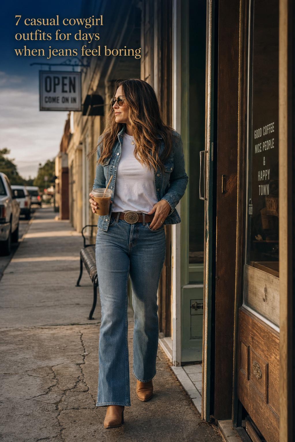 Adult woman in jeans and cowboy boots outside a coffee shop at golden hour, showcasing casual cowgirl outfits