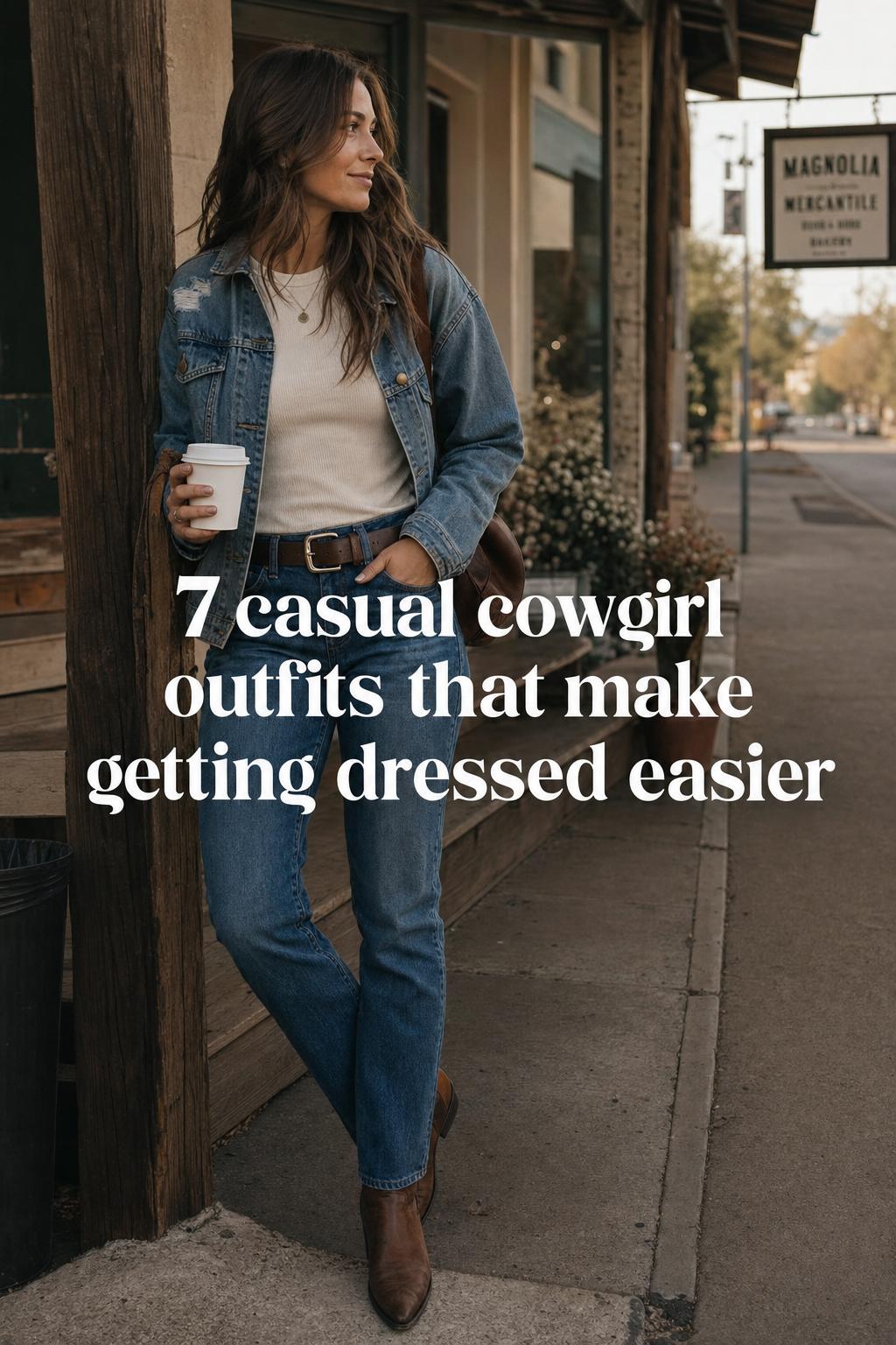 Woman in jeans and cowboy boots walking near a coffee shop, showcasing casual cowgirl outfits with modern street-style ease