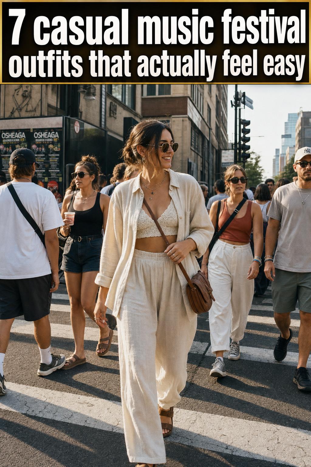 Casual music festival outfits worn by friends outdoors with relaxed summer style and comfortable layers