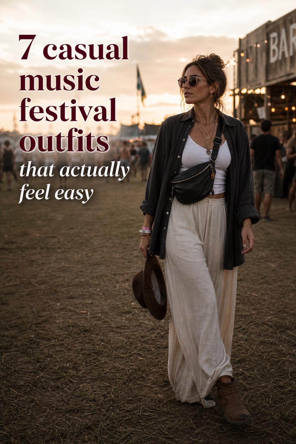 Casual music festival outfits at golden hour with an adult in layered linen and denim walking past tents in a dusty field