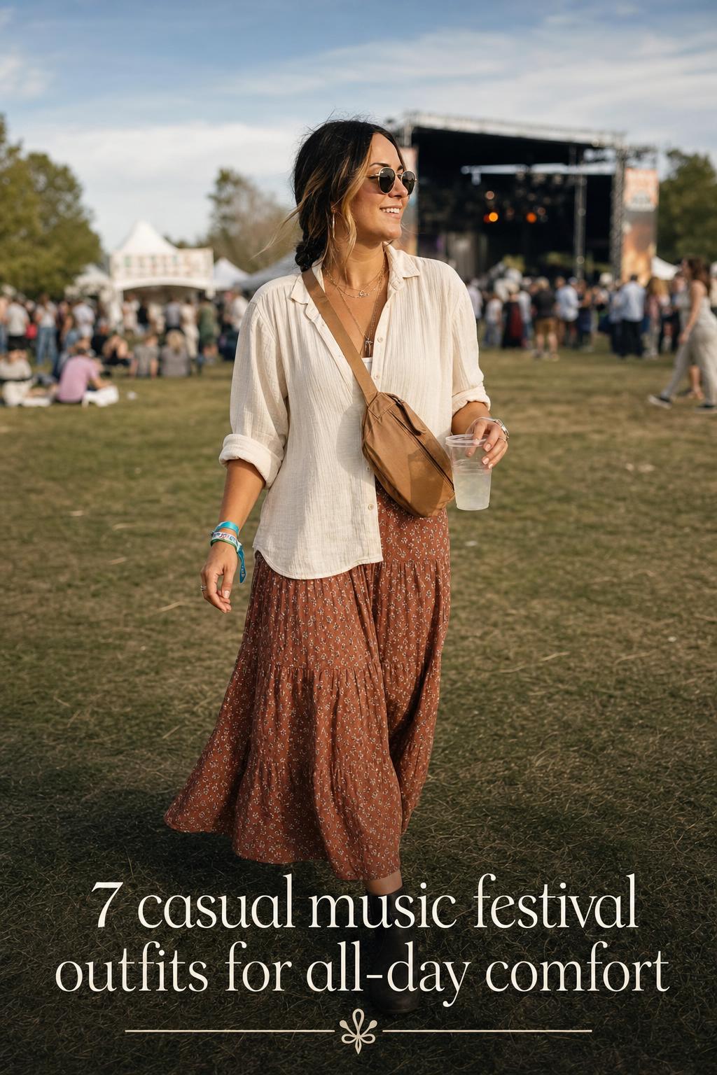 Casual music festival outfits idea: woman in linen layers and denim with boots, sunglasses, and crossbody on a sunny field