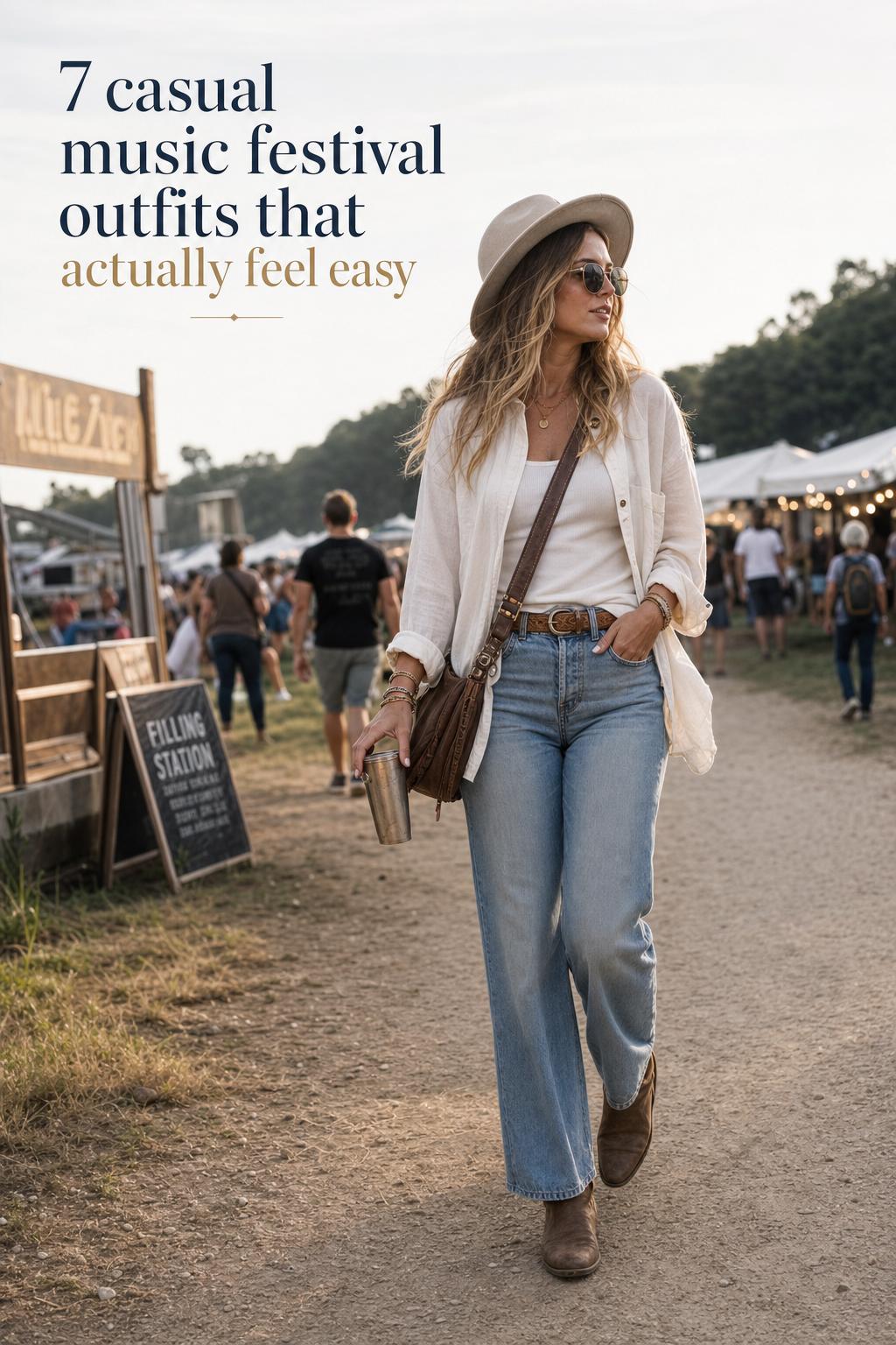 Casual music festival outfits: adult woman in linen shirt and denim walking a dusty festival path at golden hour