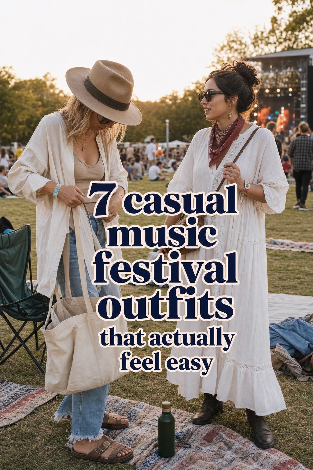Casual music festival outfits on two adult friends chatting at an outdoor festival, relaxed layered looks in warm light.