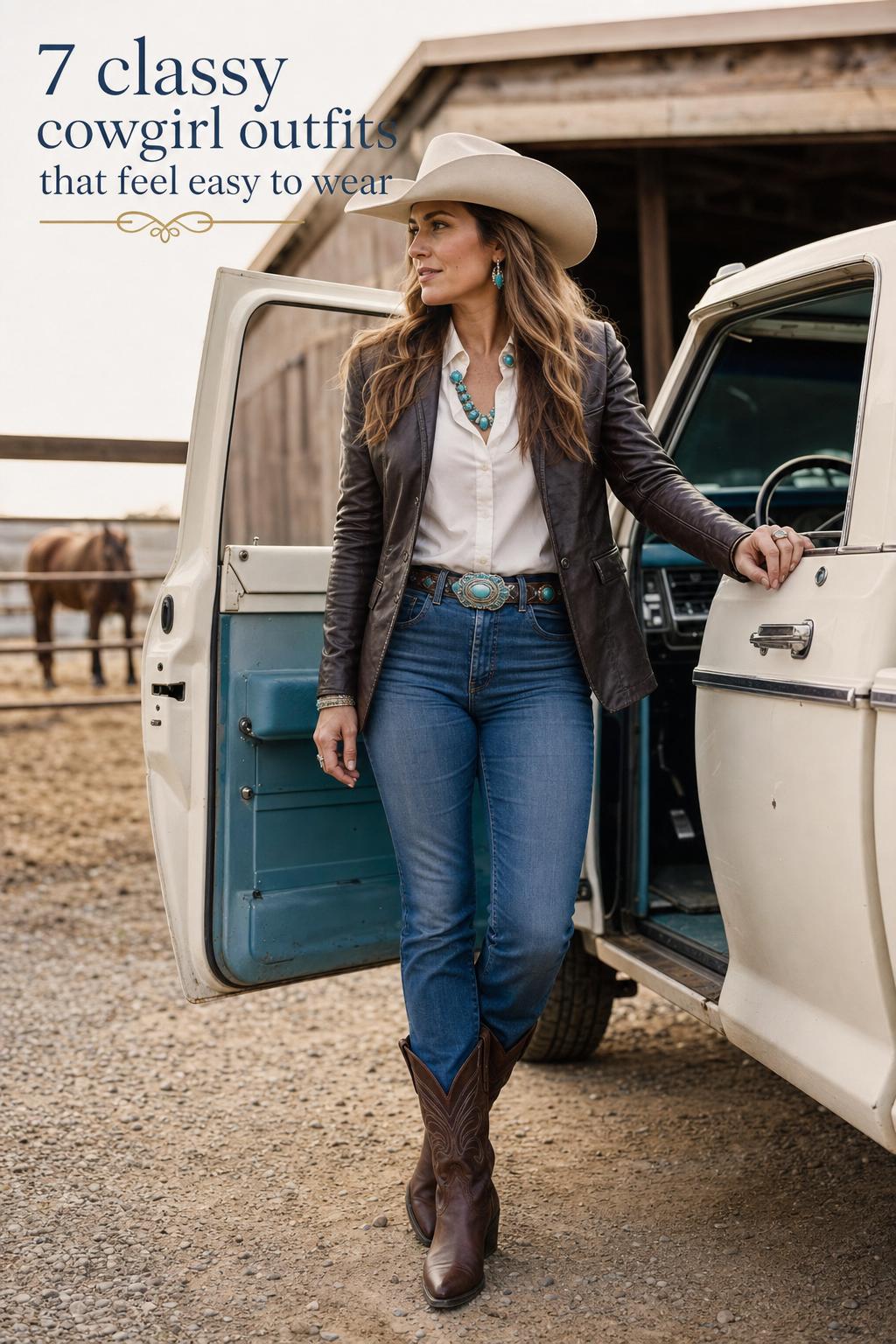 Classy cowgirl outfits inspiration: woman in modern Western denim, blazer, cowboy boots and hat near a rustic fence.