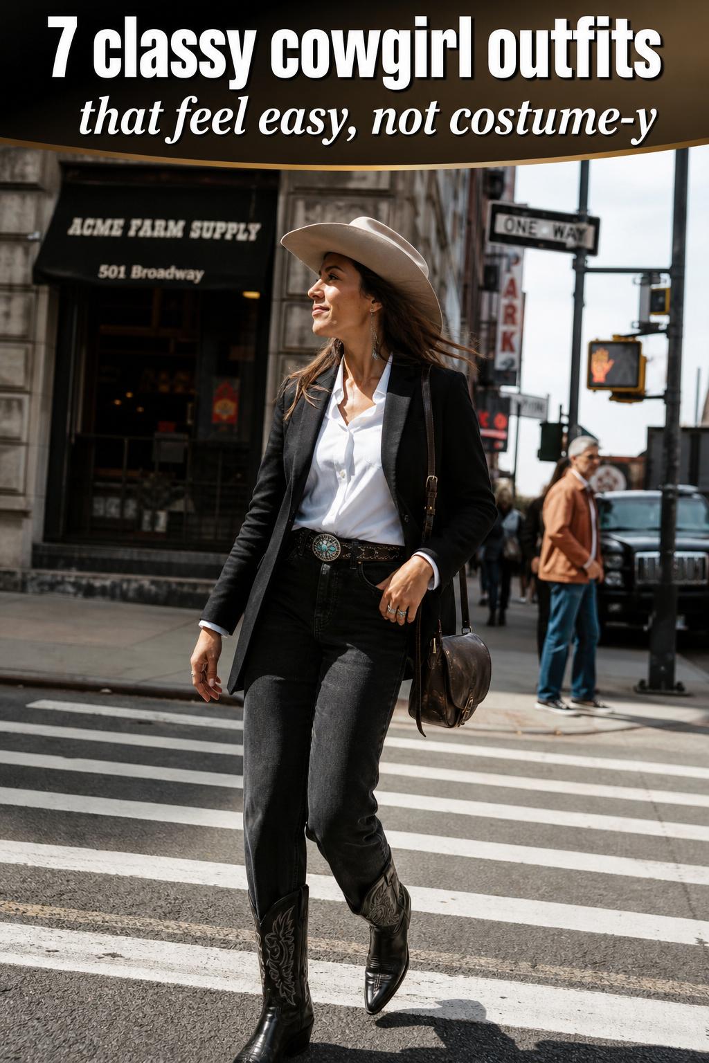 Classy cowgirl outfits featuring a stylish woman in a tailored western look with hat, boots, and denim jacket