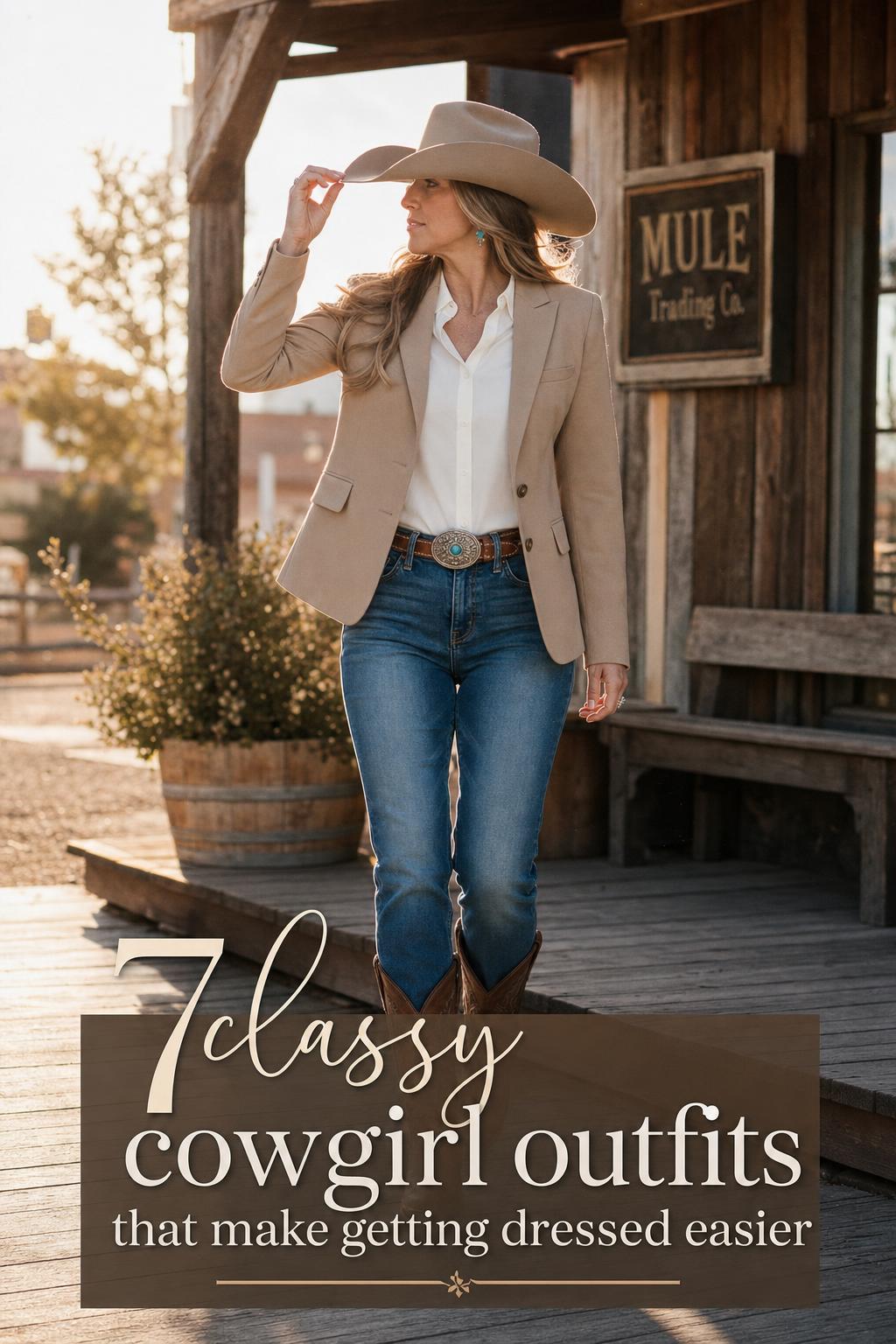 Classy cowgirl outfits: woman in tan blazer, denim and cowboy boots walking past rustic ranch storefront at golden hour