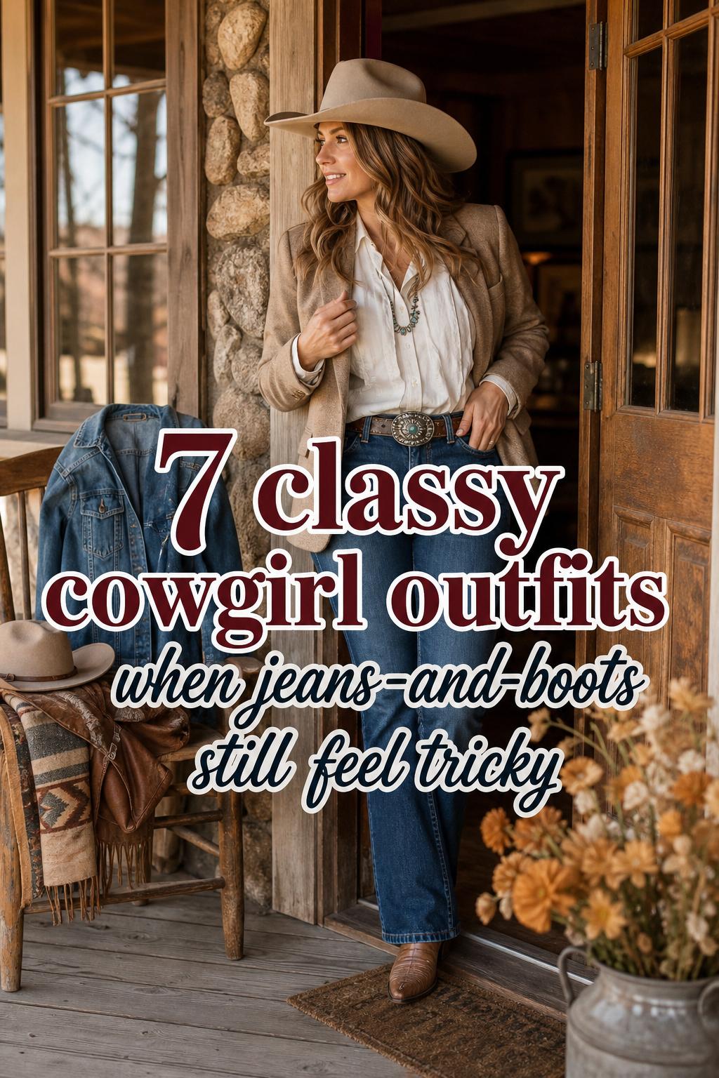 Classy cowgirl outfits on an adult woman in tailored denim, blazer, cowboy boots and hat on a rustic porch with text overlay