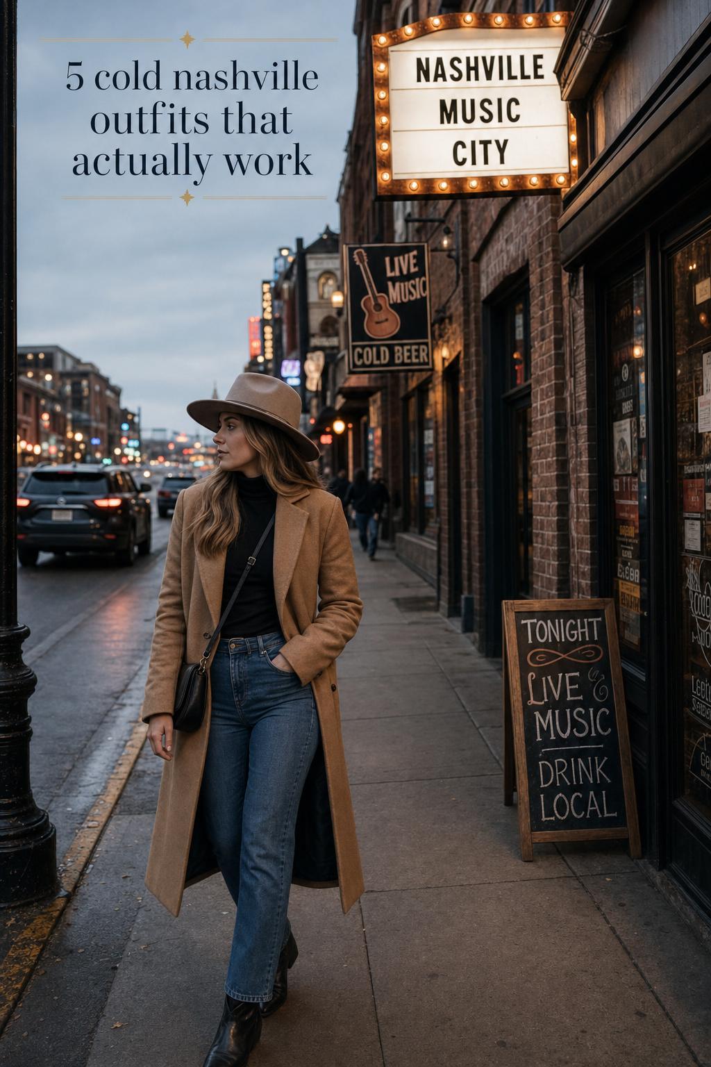 Adult woman in a camel coat and black turtleneck walking near a brick storefront at blue hour, cold nashville outfits