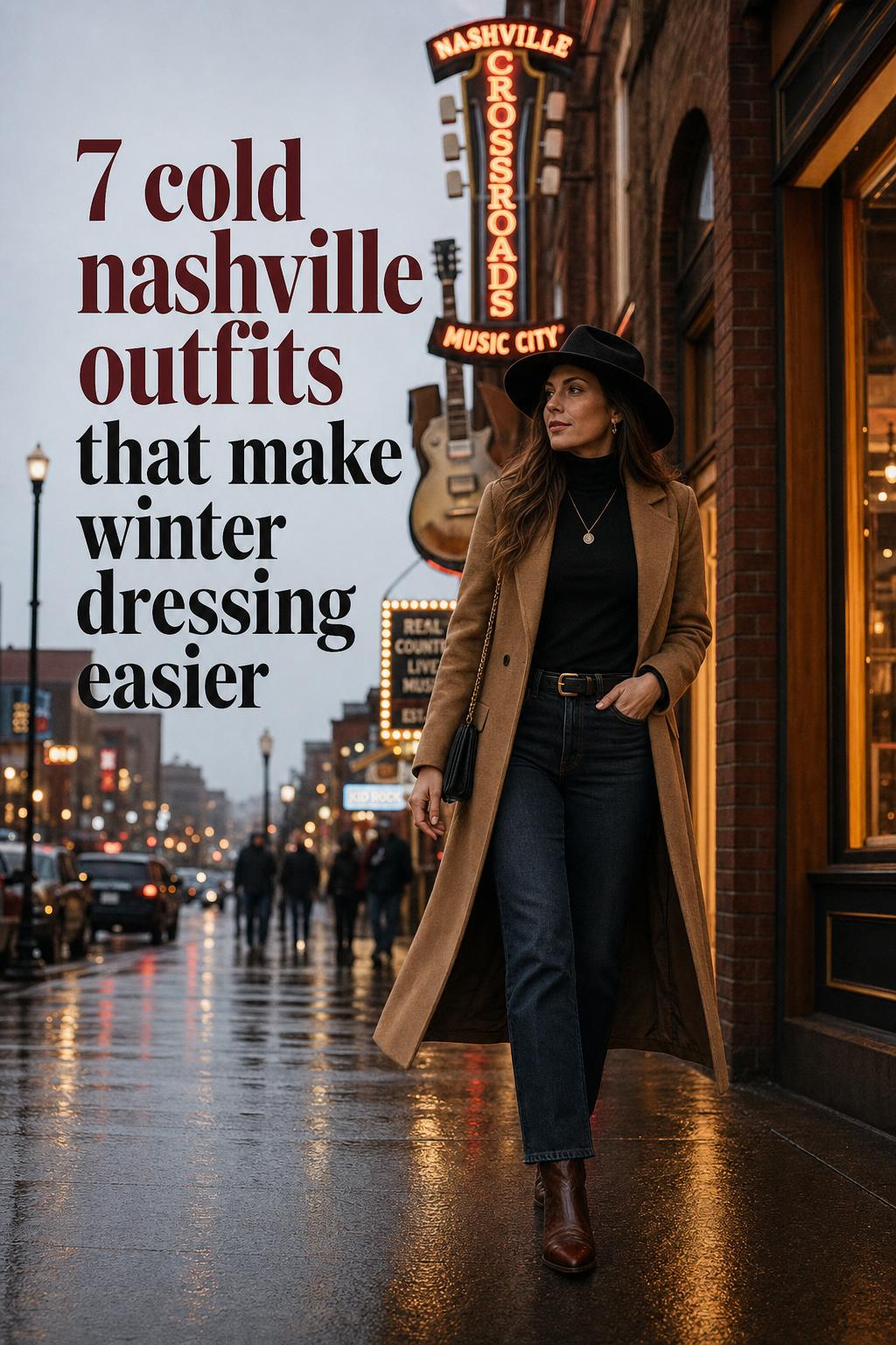 Cold Nashville outfits editorial photo of an adult woman in a camel coat walking a rainy blue-hour Music City street