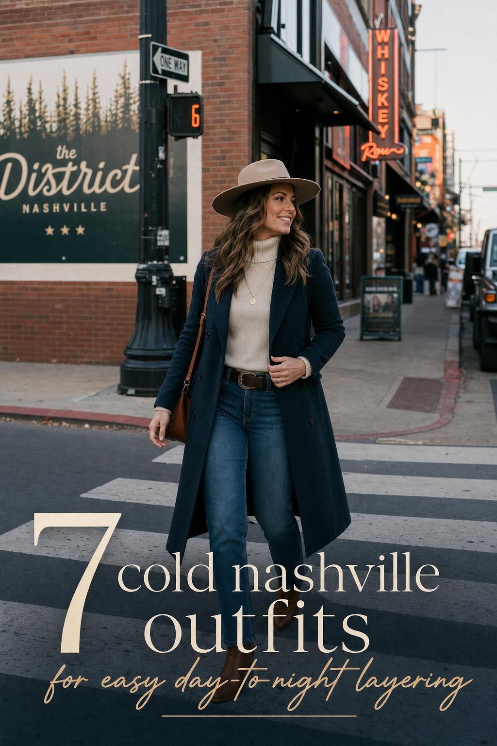 Cold Nashville outfits street style: woman in coat, turtleneck and jeans walking near brick storefronts with neon signage