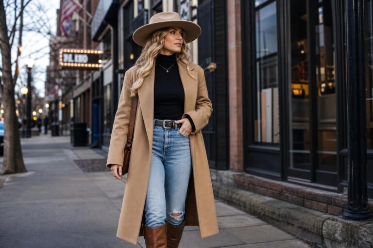 Cold Nashville outfits with jeans, turtleneck, long coat, and cowboy boots for day to night winter style