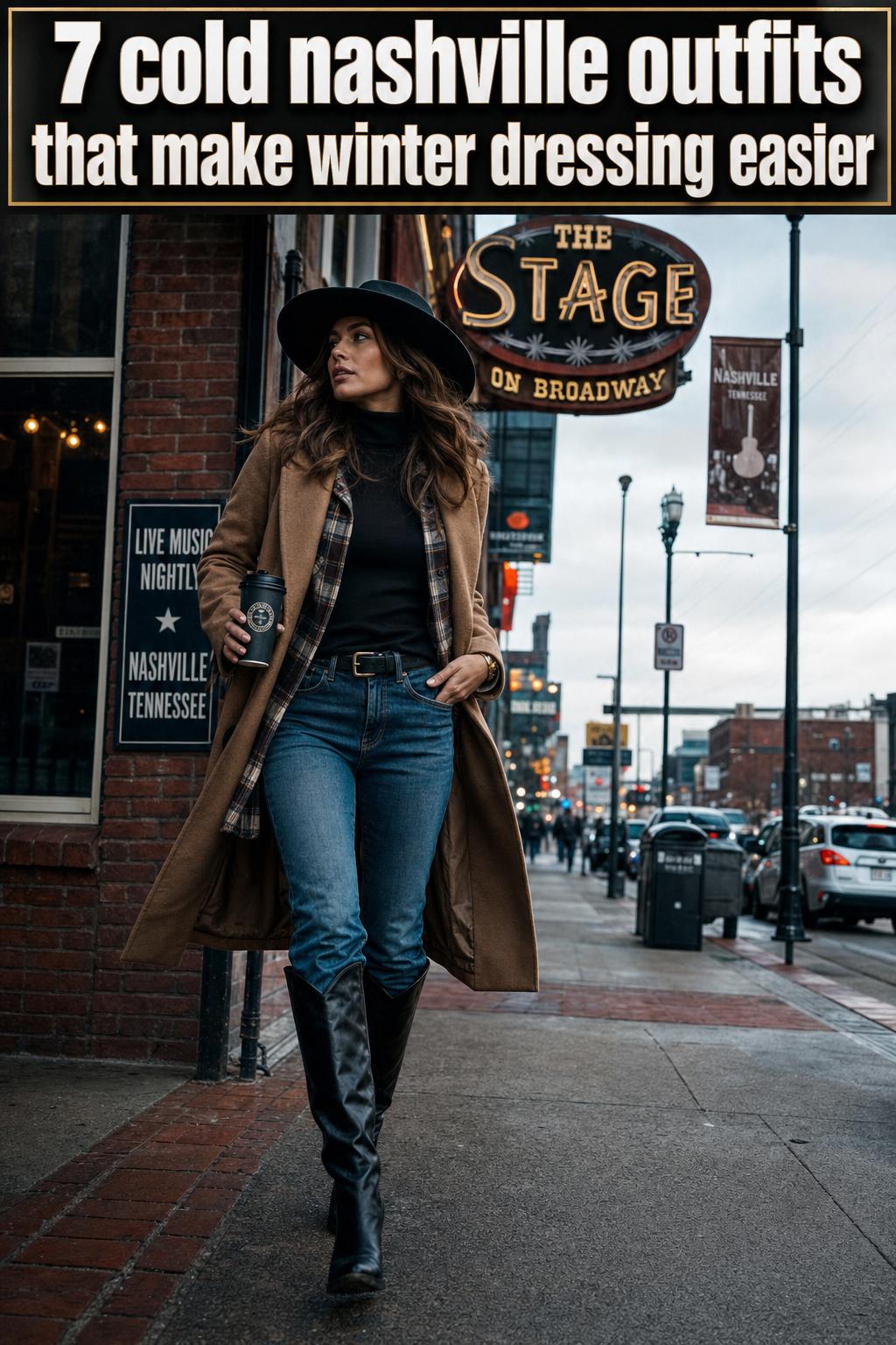 Street-style cold Nashville outfits with layered coats, denim, and boots on a downtown sidewalk